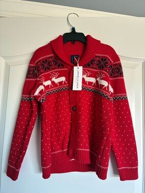 Janie and Jack Red Reindeer Fair Isle Shawl Collar Cardigan